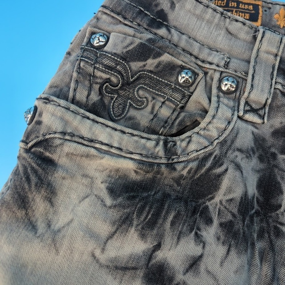 Rock Revival Steven Straight Jeans Mens 36x34 Gray Black Tie Dye Y2K Biker Thick - Picture 13 of 16